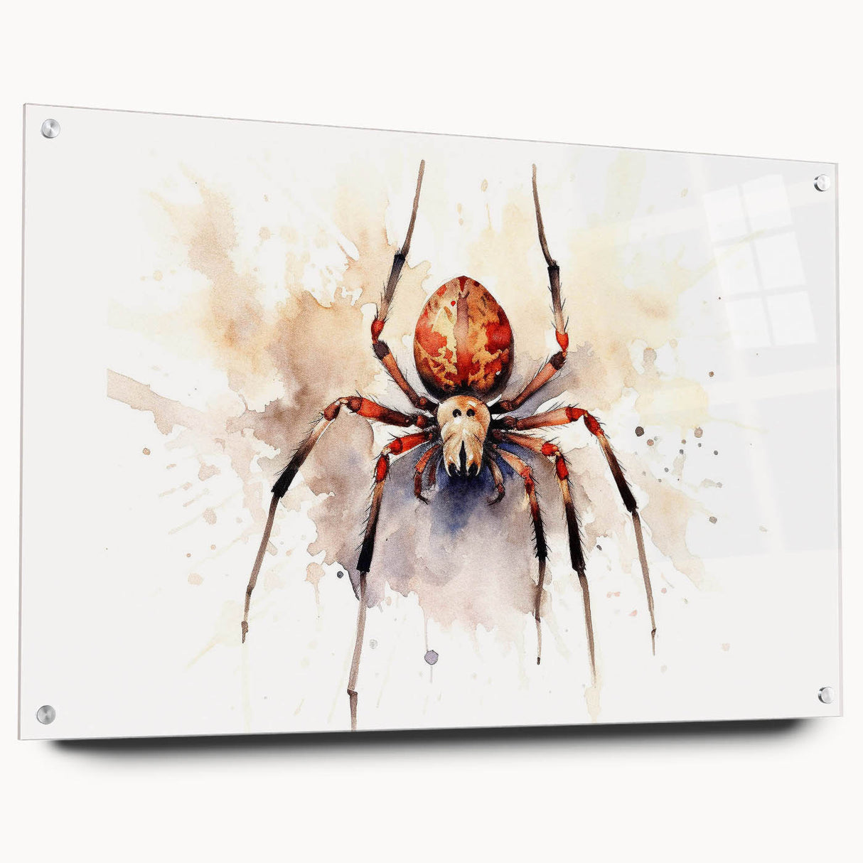 Wall art collection featuring a side view of an acrylic glass display showcasing a detailed insect and arachnid spider design, complete with decorative pins, enhancing a modern aesthetic.