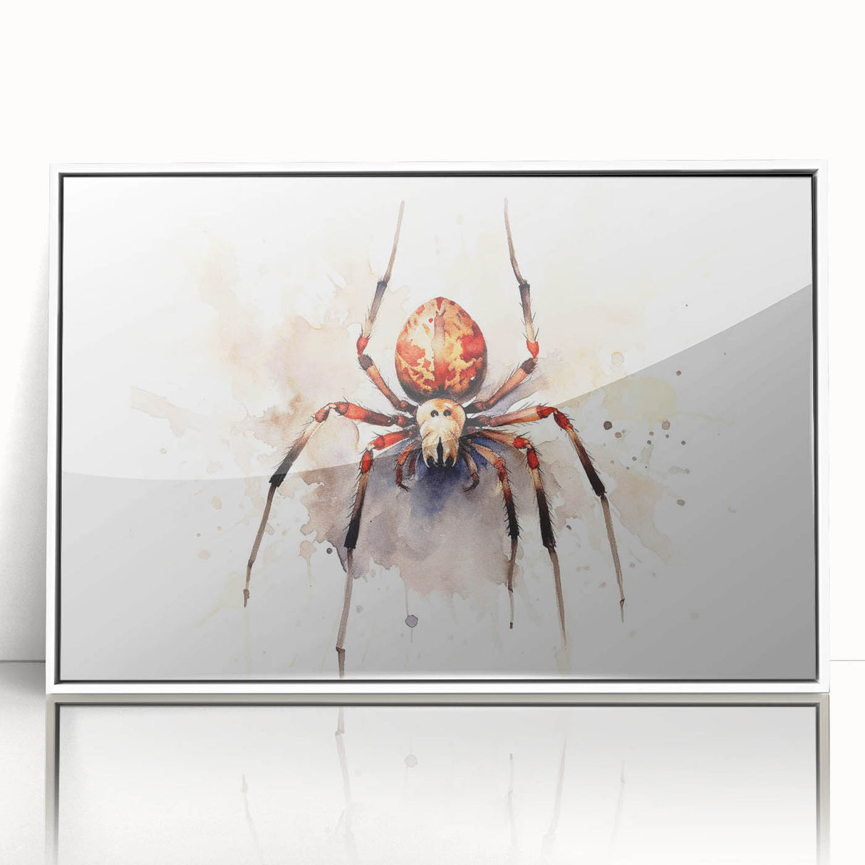 Framed wall art featuring a detailed insect and arachnid spider design, displayed in a sleek white frame with acrylic front for vibrant clarity, perfect for nature enthusiasts.
