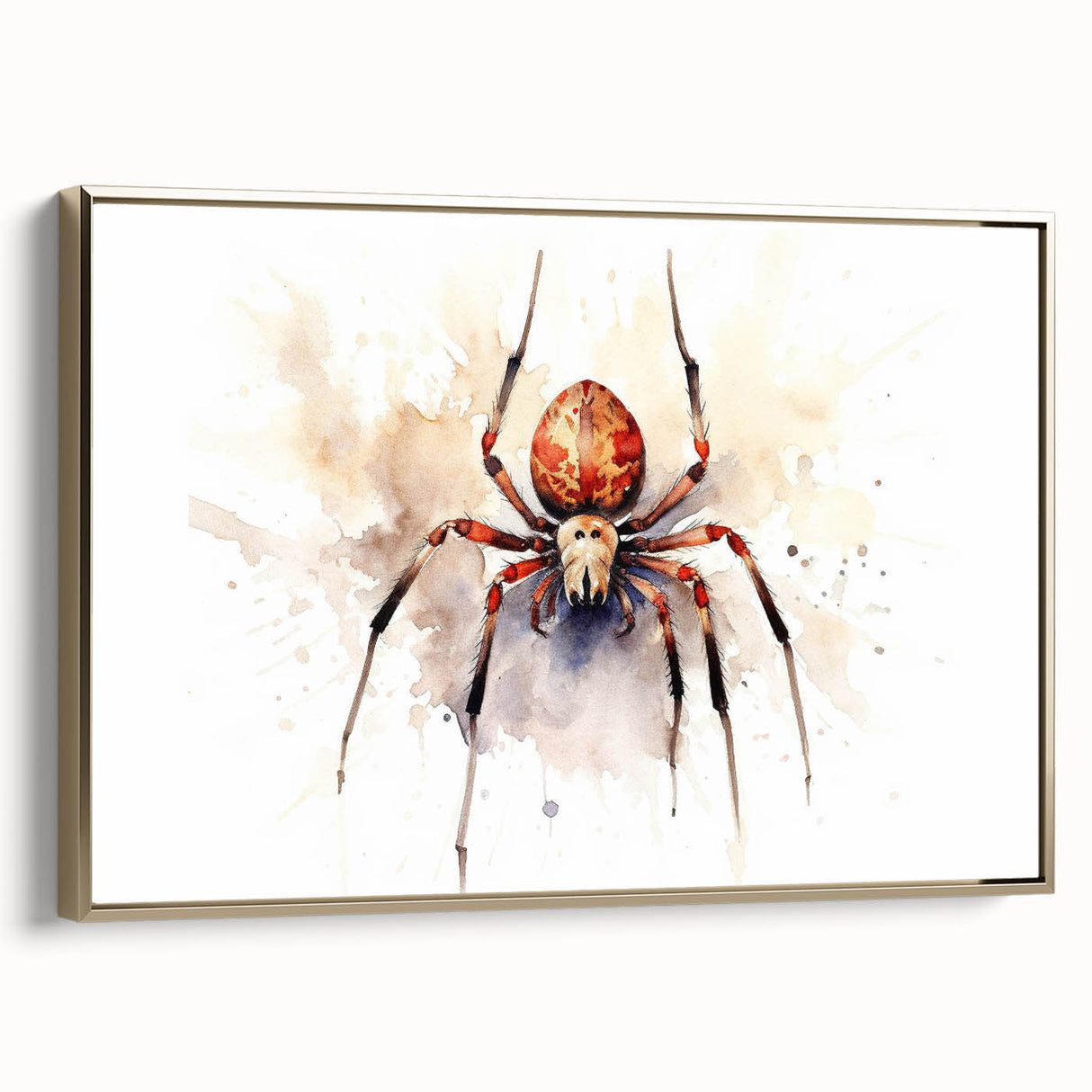 Framed wall art showcasing a detailed insect and arachnid spider design on canvas, featuring a gold frame, ideal for nature enthusiasts and modern decor.