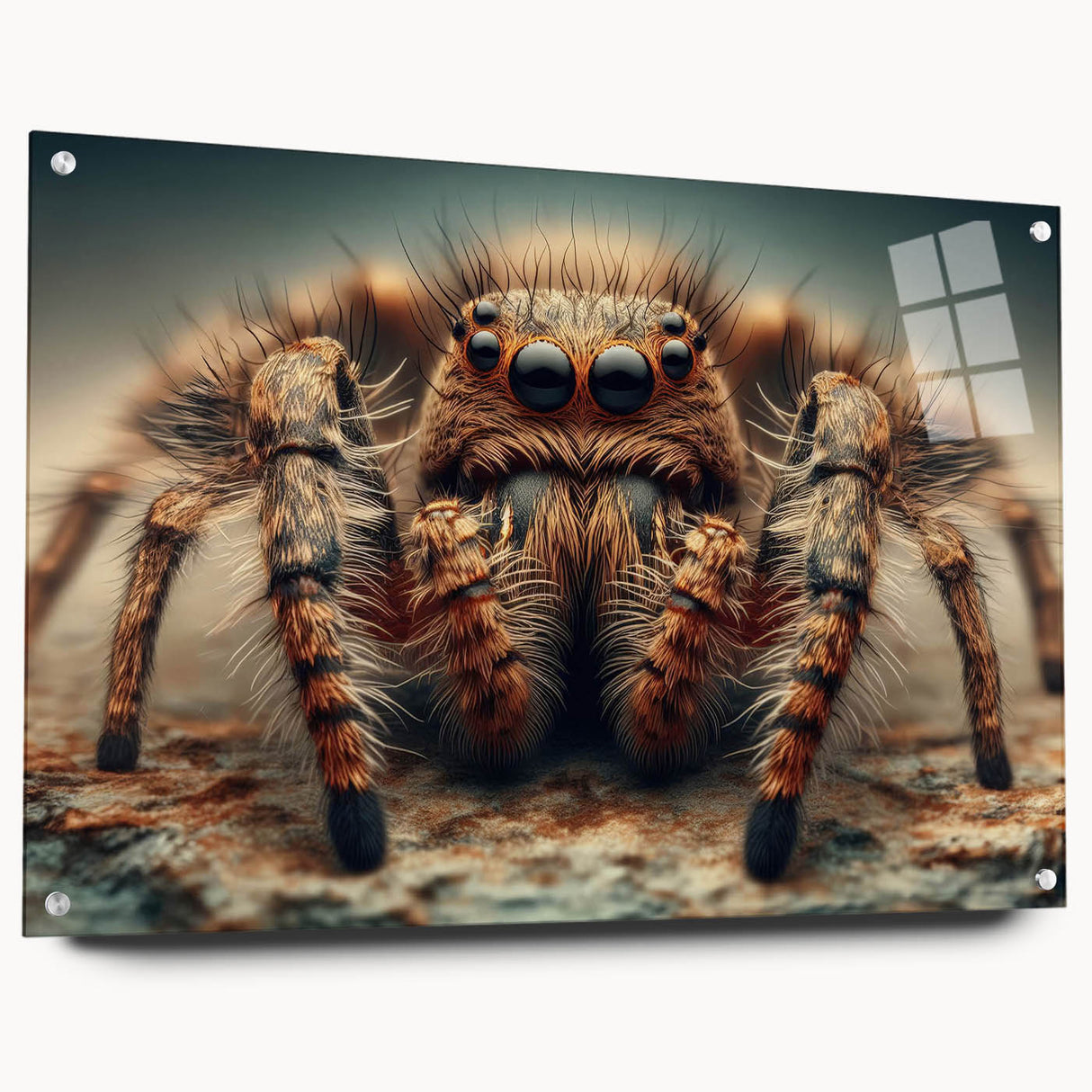 Acrylic glass wall art featuring a detailed insect and arachnid spider design, showcasing vibrant colors and intricate patterns, elegantly displayed with pins for a modern touch.