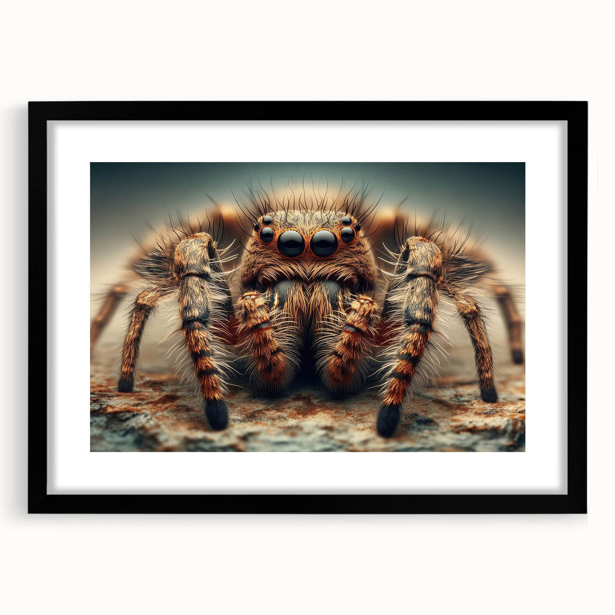 Framed wall art showcasing a detailed insect and arachnid spider design in a sleek black frame, featuring a white mat for an elegant finish. Perfect for nature enthusiasts and modern decor.