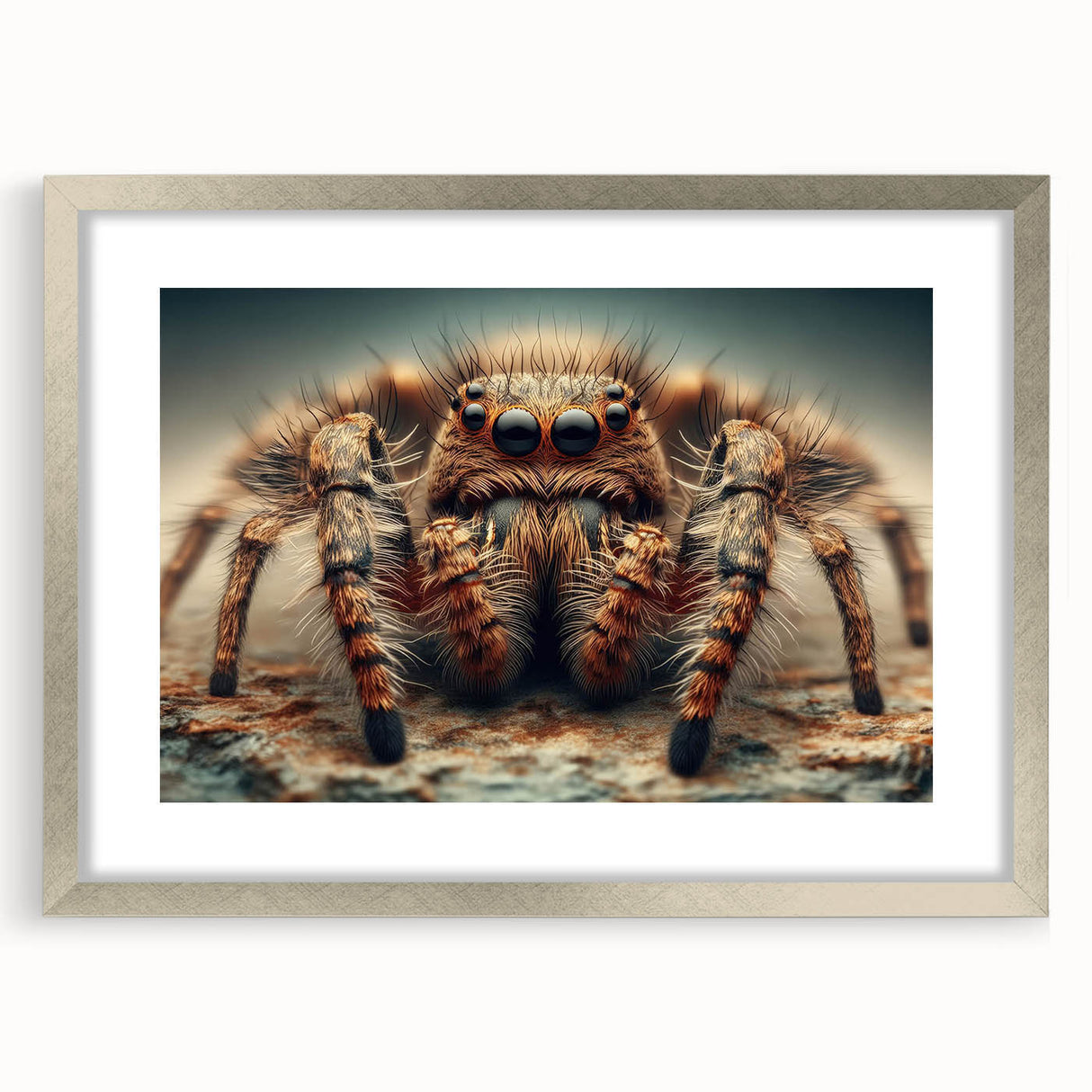 Framed wall art featuring a detailed design of insects and arachnids, including a prominent spider, set in a silver frame with a mat, perfect for nature enthusiasts.