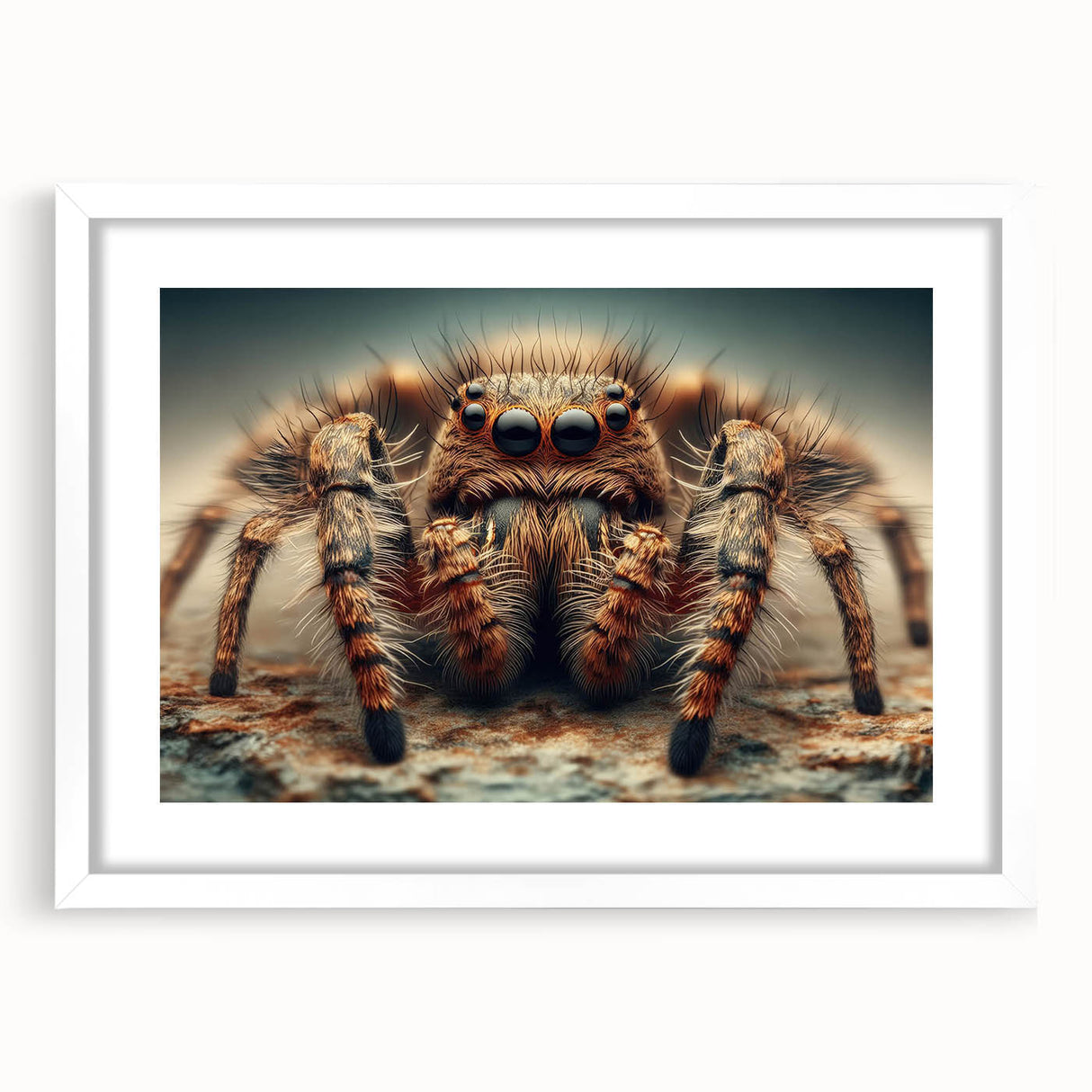Framed wall art featuring intricate insect and arachnid spider designs, set in a sleek white frame with a mat, ideal for nature lovers and modern decor enthusiasts.