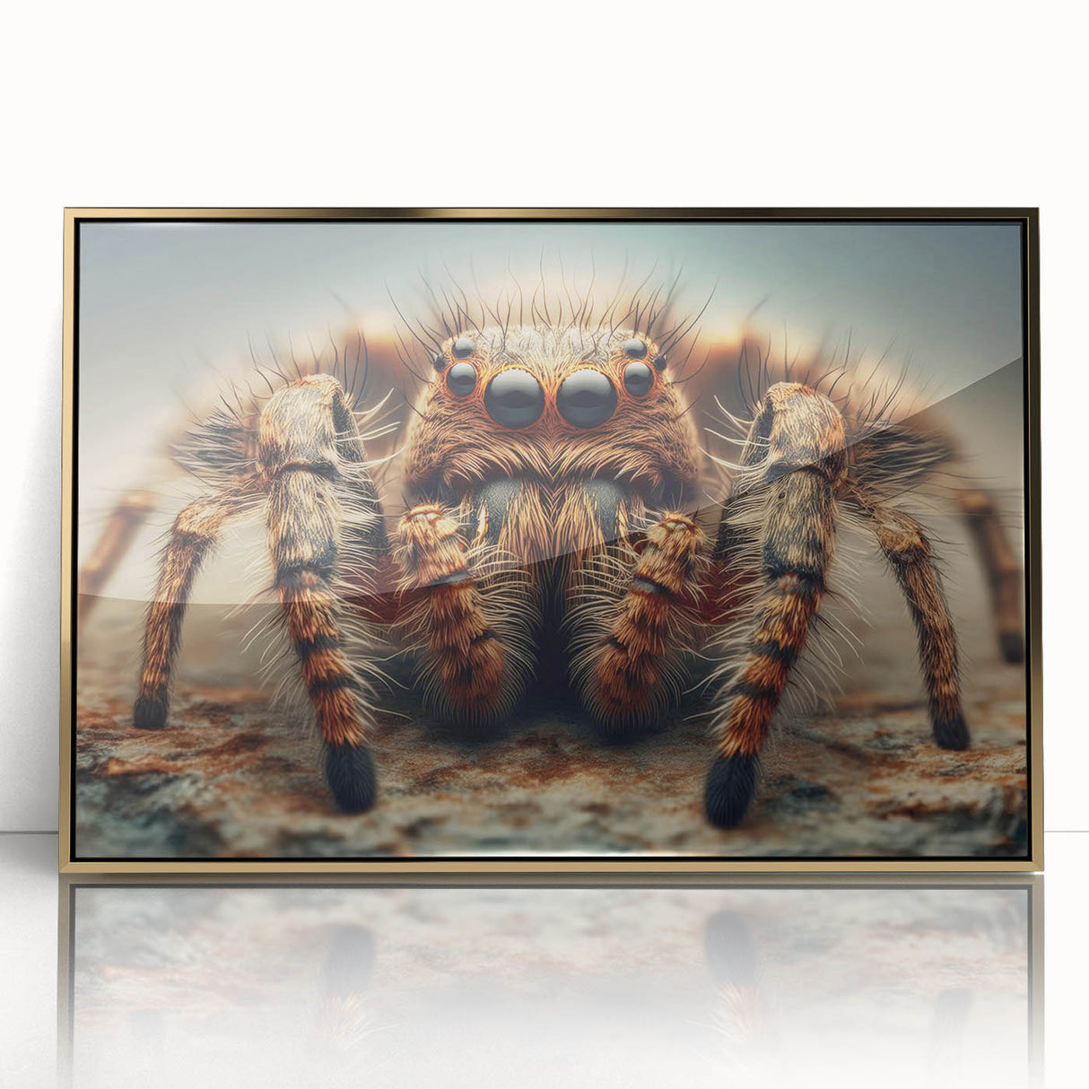 Framed wall art featuring an intricate design of various insects and arachnids, including a detailed spider, presented in a sleek gold frame, perfect for nature enthusiasts.