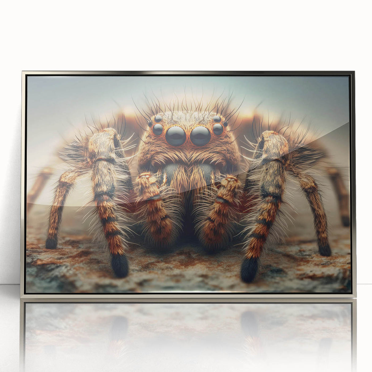 Framed wall art showcasing an intricate design of insects and arachnids, featuring a silver-acrylic finish, perfect for nature enthusiasts and modern decor.