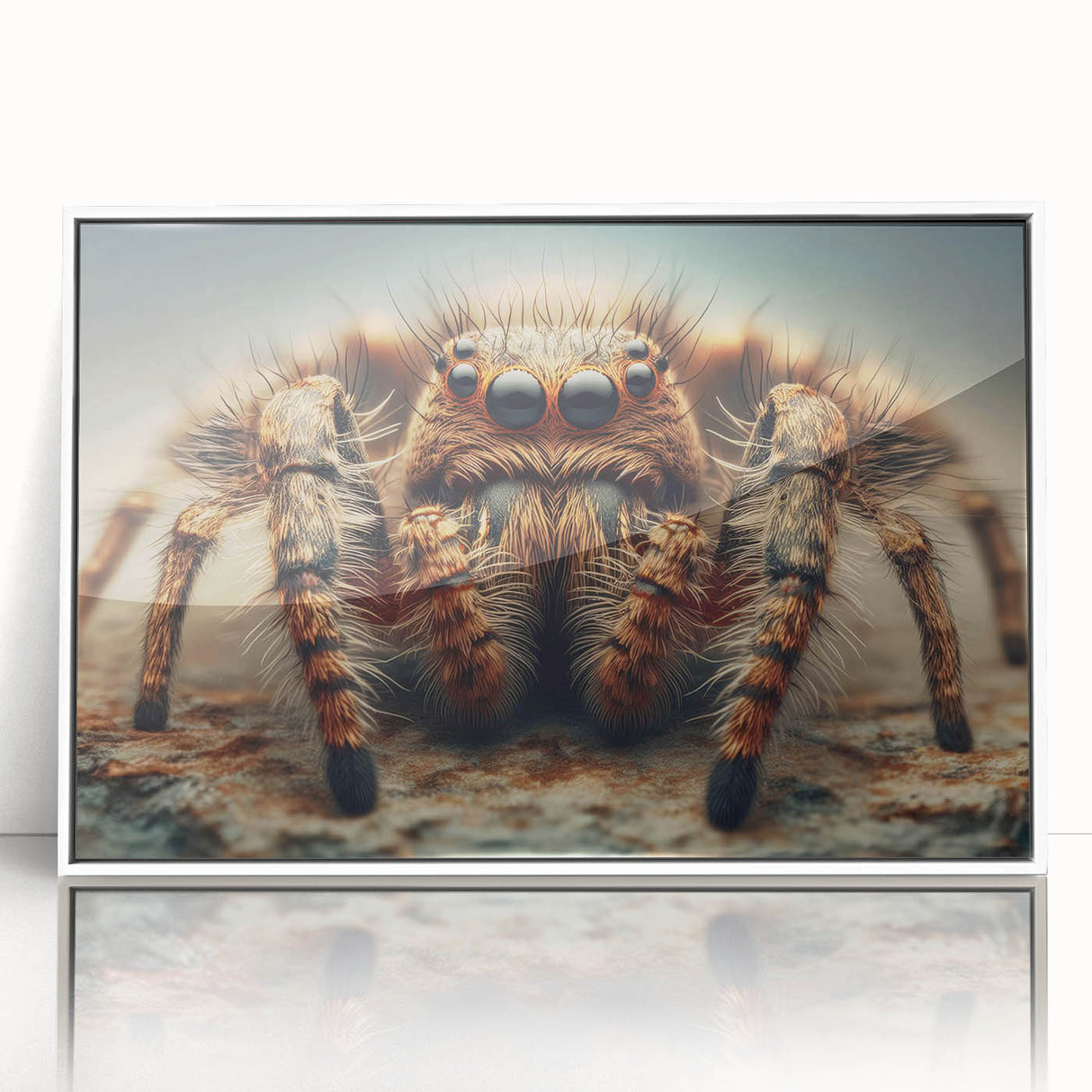 Framed wall art featuring a detailed insect and arachnid spider design, showcasing intricate illustrations in vibrant colors, set against a sleek white background.