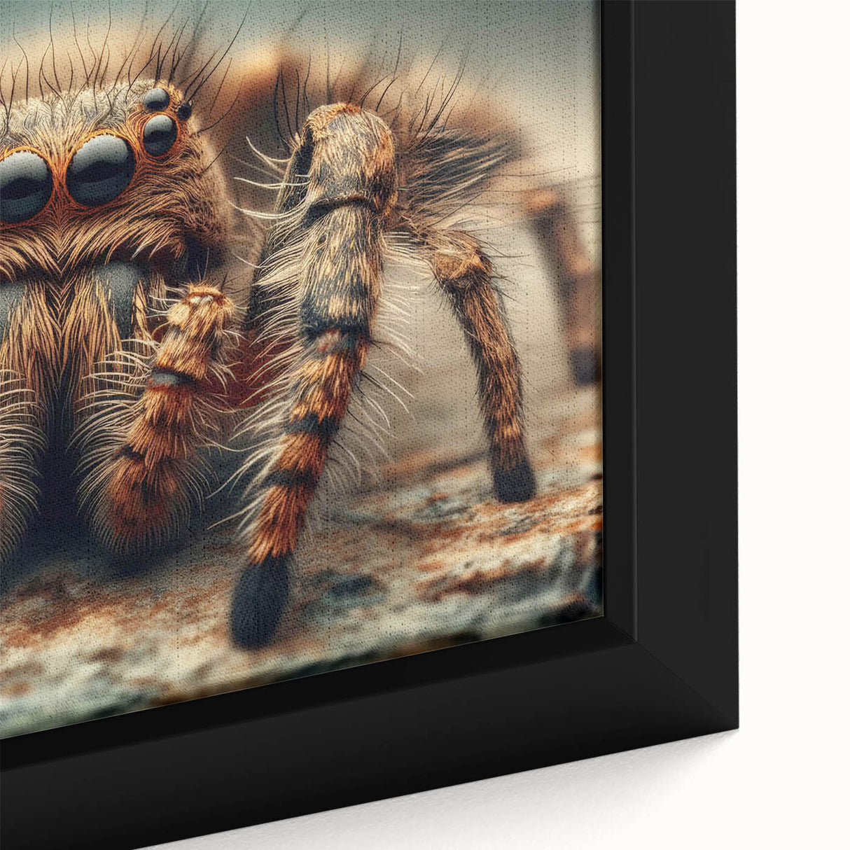 Close-up of a framed canvas featuring a detailed insect and arachnid wall art design, showcasing vibrant colors and intricate textures, ideal for nature enthusiasts.