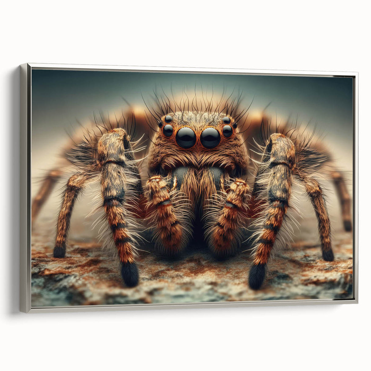 Framed wall art featuring a detailed insect and arachnid design, showcasing a spider in elegant silver tones, perfect for nature enthusiasts and modern decor.