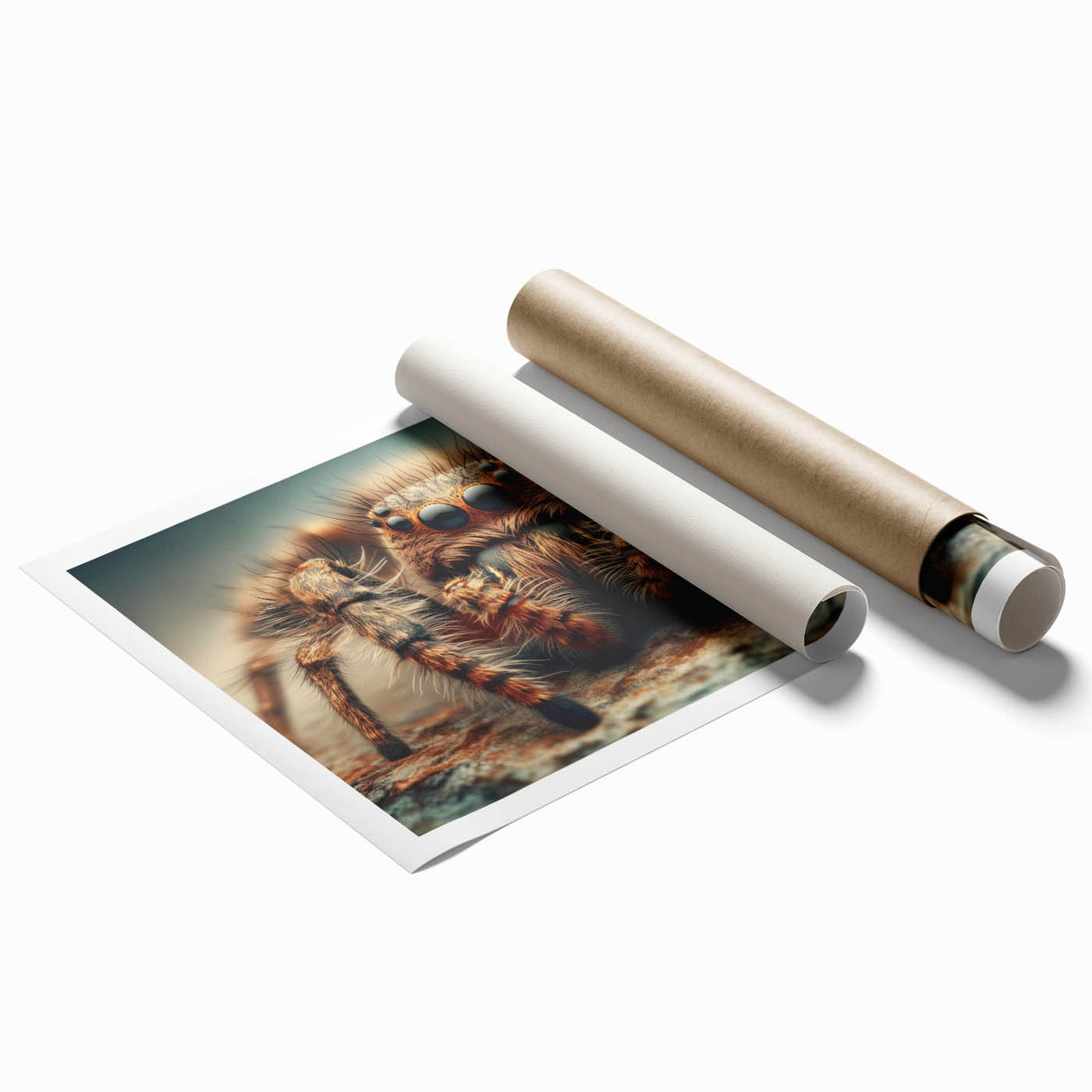 Intricate wall art design showcasing a detailed illustration of various insects and arachnids, including colorful spiders, on a rolled canvas print, perfect for nature enthusiasts and home decor.