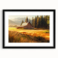 Black-framed wall art featuring a serene landscape with rustic barns set against a sunset background, perfect for enhancing home decor.