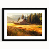 Black-framed wall art featuring a serene landscape with rustic barns set against a sunset background, perfect for enhancing home decor.