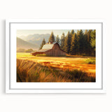 Framed wall art featuring a serene landscape with a rustic barn, presented in a white mat and frame, ideal for enhancing home decor with a touch of countryside charm.