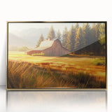 Framed wall art showcasing a rustic barn landscape design with a gold-accented frame, perfect for enhancing home decor with a touch of country charm.