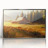 Framed acrylic wall art showcasing a serene landscape with a rustic barn, designed in silver tones, perfect for enhancing home decor and creating a calming atmosphere.