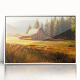 Framed wall art featuring a scenic landscape with a rustic barn design, set against a vibrant sunset. The artwork is displayed in a sleek white frame, enhancing its aesthetic appeal for home decor. Perfect for adding a touch of countryside charm to living spaces.