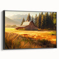 Framed canvas wall art showcasing a picturesque landscape with a rustic barn, featuring a black frame and side view display, perfect for home décor enthusiasts.
