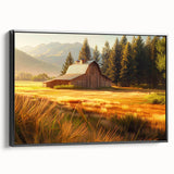 Framed canvas wall art showcasing a picturesque landscape with a rustic barn, featuring a black frame and side view display, perfect for home décor enthusiasts.