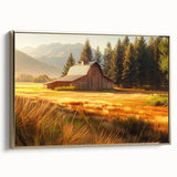 Framed canvas wall art showcasing a stunning landscape of a rustic barn against a golden sunset, perfect for enhancing home decor with warmth and charm.