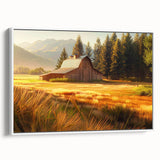 Framed canvas wall art featuring a serene landscape with a rustic barn, displayed from a side view against a white backdrop, ideal for home decor.