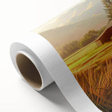 Rustic barn landscape printed on rolled canvas, showcasing vibrant colors and natural scenery, perfect for country-themed home decor. Ideal for art enthusiasts seeking unique wall art.