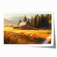 Rustic barn landscape wall art print showcasing a serene countryside scene with vibrant colors, perfect for home decor. Rolled and ready for framing.