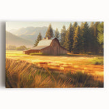 Stretched canvas wall art showcasing a picturesque landscape with rustic barns set against a vibrant sunset, ideal for home decor enthusiasts seeking country-themed artwork.