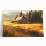 Stretched canvas wall art showcasing a rustic barn landscape, featuring vibrant colors and detailed textures, perfect for farmhouse decor. Leaning against a neutral wall, this piece adds warmth and charm to any interior space.