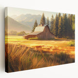 Stretched canvas wall art depicting a picturesque landscape with a rustic red barn surrounded by vibrant green fields under a clear blue sky, perfect for farmhouse decor.