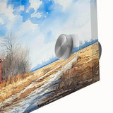 Close-up of a vibrant acrylic glass wall art piece showcasing a serene landscape with a rustic barn, featuring rich colors and intricate details, ideal for home decor.