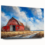 Acrylic wall art collection showcasing vibrant landscapes and rustic barns, viewed from the side without pins, highlighting the glossy finish and intricate details. Ideal for enhancing home decor with a touch of nature-inspired elegance.