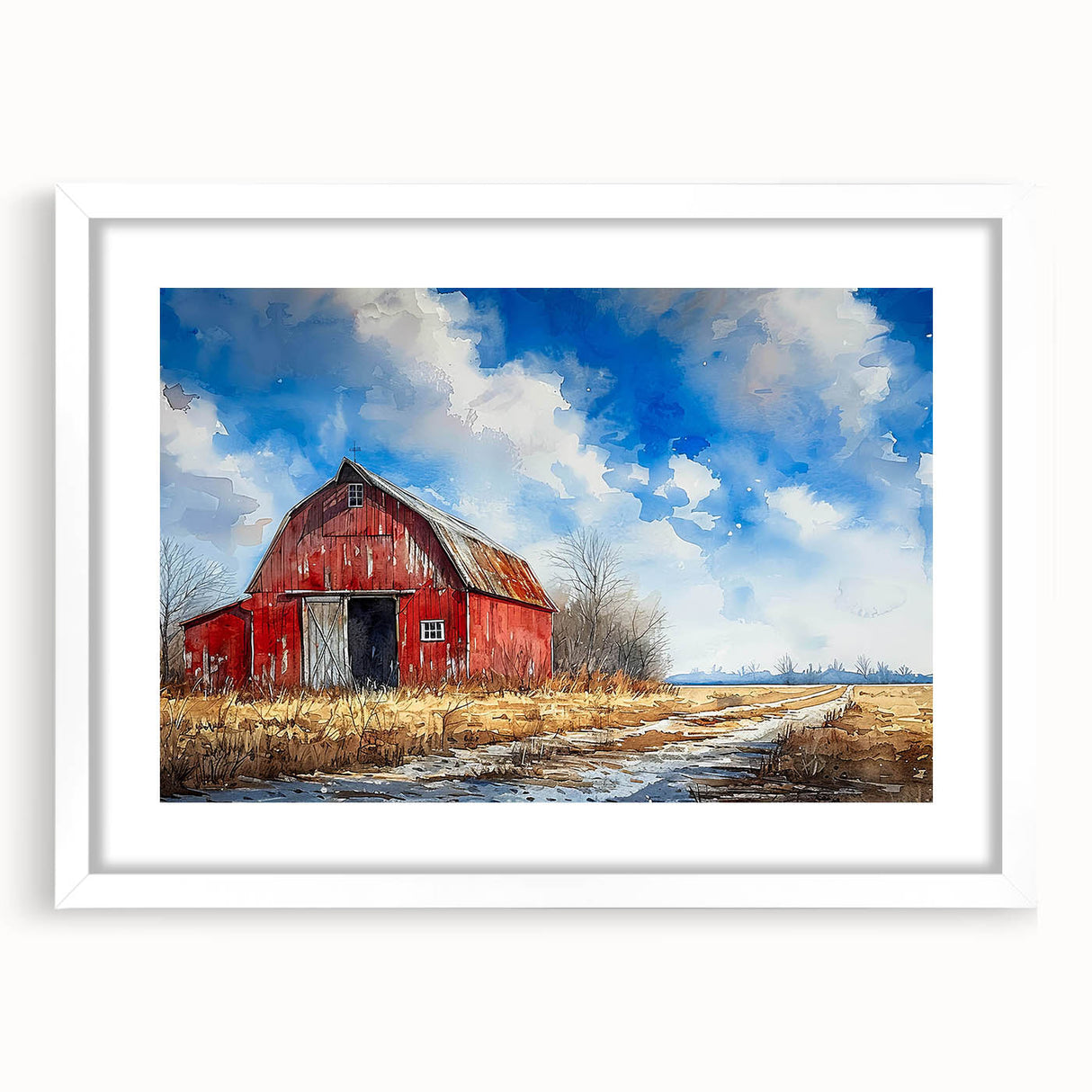 Framed wall art collection featuring a serene landscape with a rustic barn, displayed in a white mat and frame, ideal for enhancing home decor with a touch of rural charm.