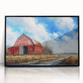 Framed acrylic wall art featuring a scenic landscape with rustic barns against a vibrant sunset, designed to enhance home decor with a modern touch.