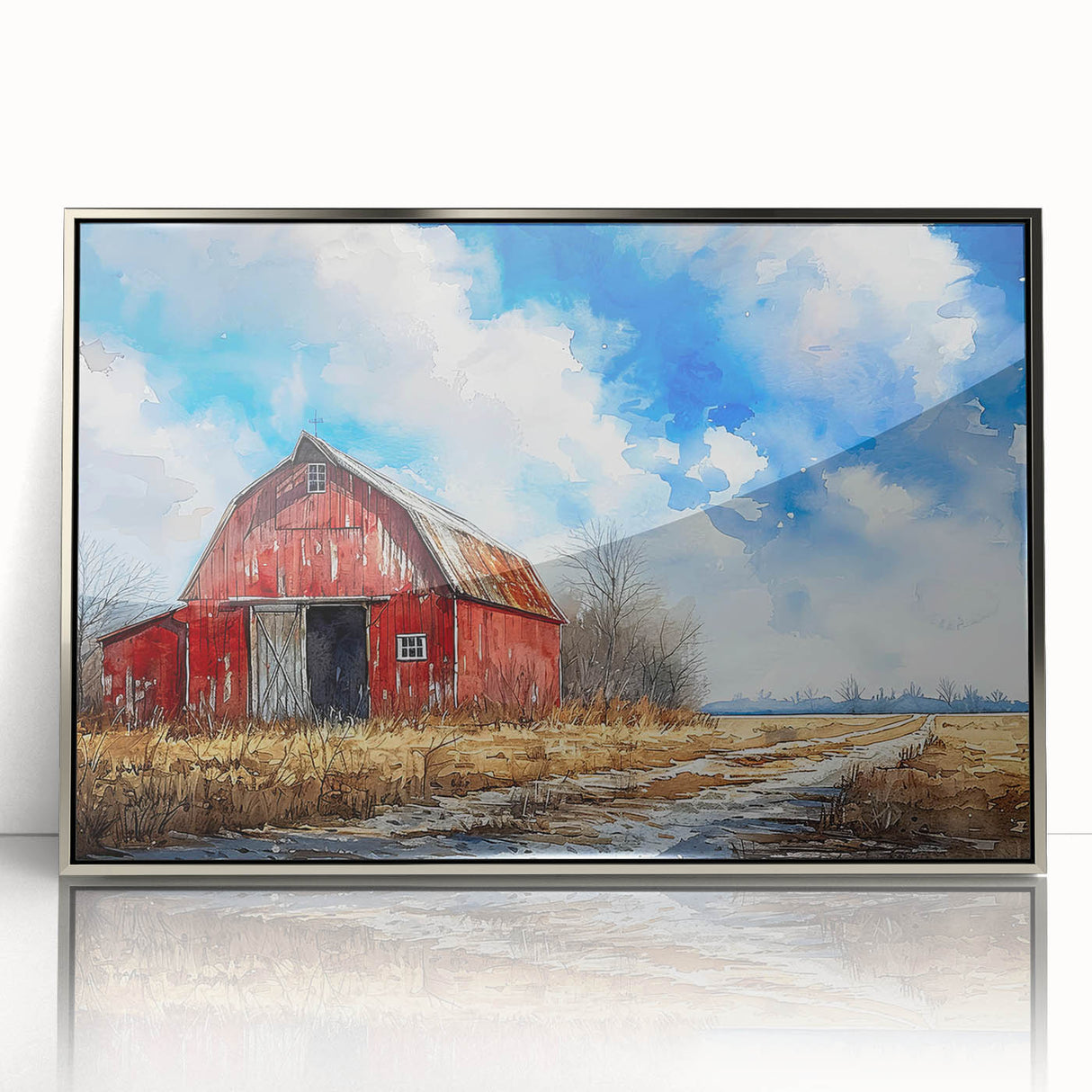 Framed wall art showcasing a serene landscape with a rustic barn, set against a stunning sunset backdrop. The piece features a sleek silver frame, enhancing its contemporary appeal. Ideal for home decor enthusiasts looking to add a touch of nature-inspired elegance to their living spaces.