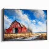 Framed canvas wall art showcasing a rustic barn landscape design, featuring vibrant colors and intricate details, perfect for home decor enthusiasts.