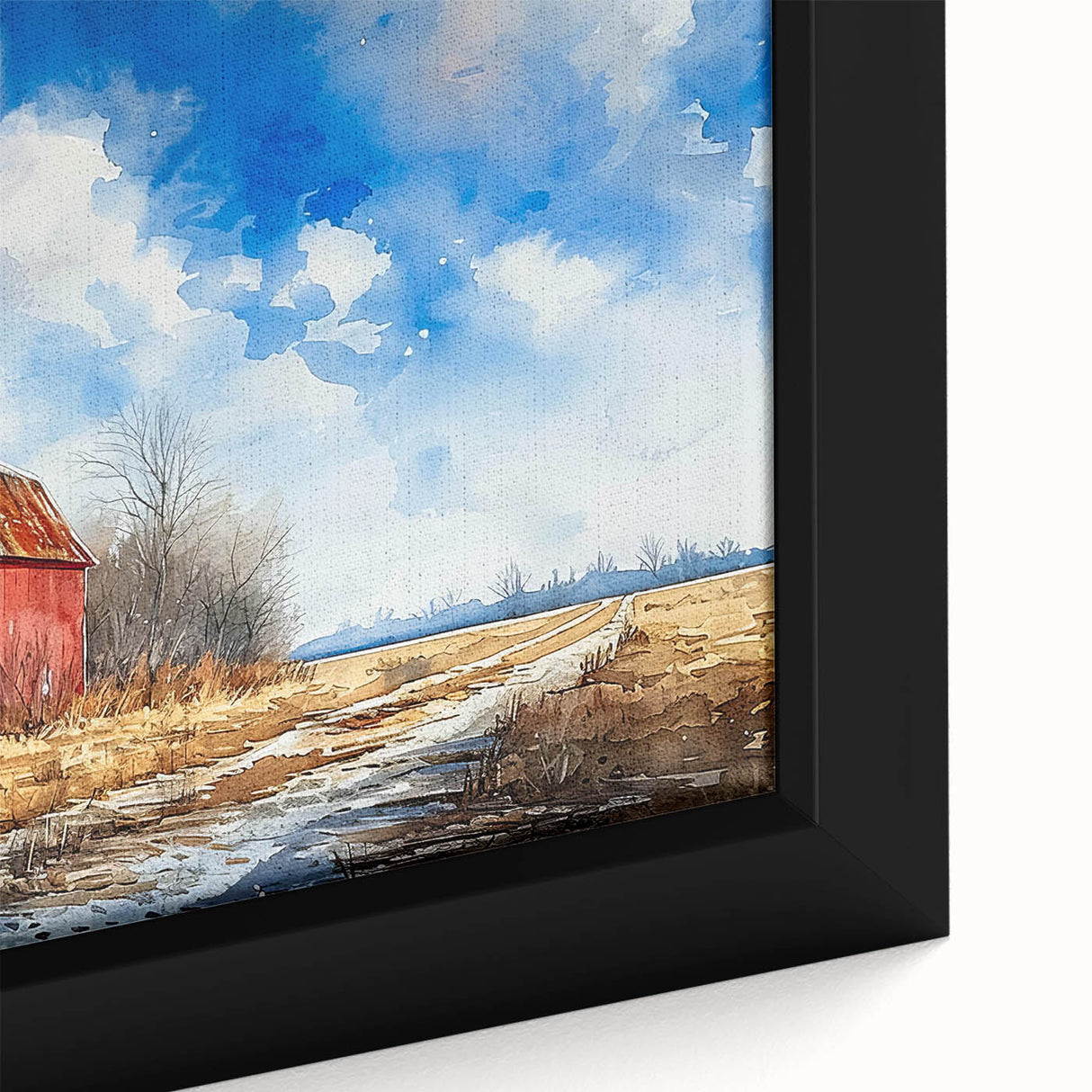 Framed canvas wall art showcasing a picturesque landscape of a rustic barn surrounded by vibrant greenery, ideal for enhancing home decor with country charm.