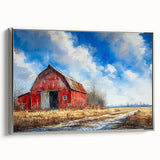 Framed canvas wall art featuring a serene landscape with a rustic barn, set against a vibrant sunset. The artwork has a silver frame and adds a tranquil touch to home decor.