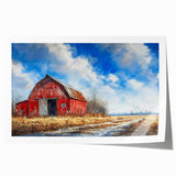 Rustic barn landscape wall art print showcasing vibrant autumn colors and serene rural scenery, rolled for easy shipping and display in home decor.