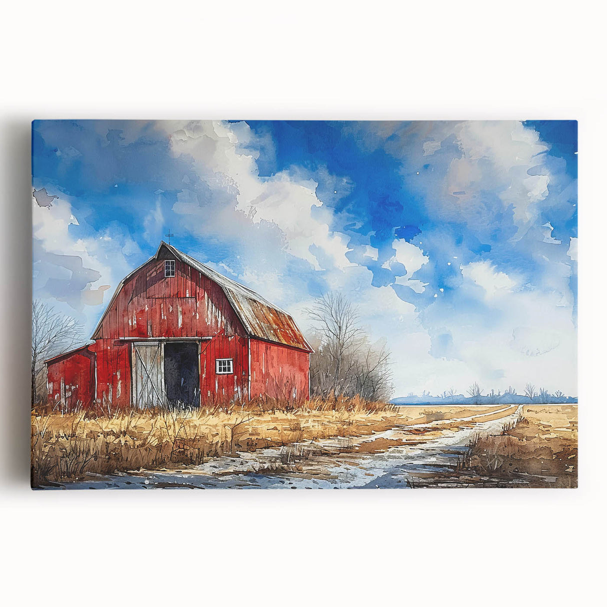 Stretched canvas wall art featuring a scenic landscape with rustic barns set against a vibrant sunset, ideal for enhancing home decor with a touch of rural charm.