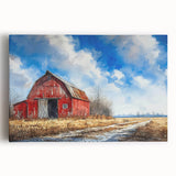 Stretched canvas wall art featuring a scenic landscape with rustic barns set against a vibrant sunset, ideal for enhancing home decor with a touch of rural charm.