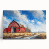 Stretched canvas wall art showcasing a serene landscape with a rustic red barn surrounded by vibrant green fields and a bright blue sky, ideal for home decor.