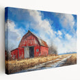 Stretched canvas wall art featuring a serene landscape with a rustic barn, showcasing vibrant colors and intricate details, ideal for home decor.