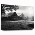 Acrylic glass wall art featuring a serene landscape of a red barn surrounded by lush green fields and a clear blue sky, designed for home decor.