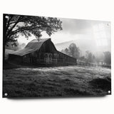 Acrylic glass wall art featuring a serene landscape of a red barn surrounded by lush green fields and a clear blue sky, designed for home decor.