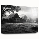 Acrylic glass wall art piece showcasing a vibrant landscape of a rustic barn surrounded by lush greenery, designed for elegant home décor. Ideal for nature lovers.