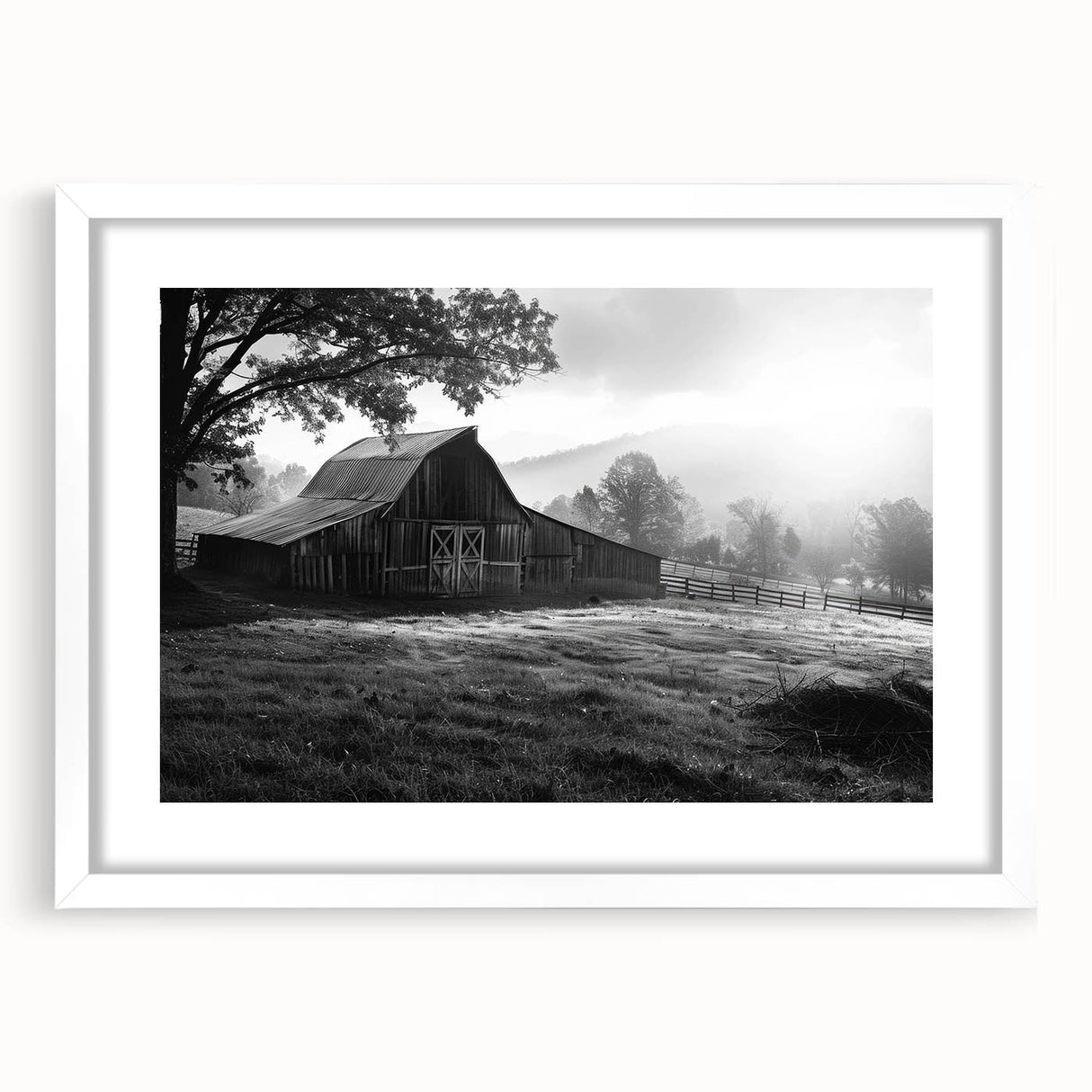 Framed landscape wall art featuring a rustic barn design with a white mat, elegantly displayed in a contemporary frame, ideal for home décor and interior design enthusiasts.