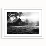 Framed landscape wall art featuring a rustic barn design with a white mat, elegantly displayed in a contemporary frame, ideal for home décor and interior design enthusiasts.