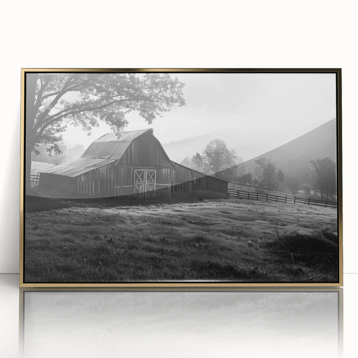 Framed acrylic wall art showcasing a serene landscape with a rustic barn, highlighted by gold accents, perfect for enhancing home decor aesthetics.