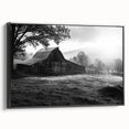 Framed canvas wall art showcasing a tranquil landscape with a rustic barn, featuring rich greens and warm earth tones, perfect for enhancing home decor.