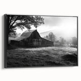 Framed canvas wall art showcasing a tranquil landscape with a rustic barn, featuring rich greens and warm earth tones, perfect for enhancing home decor.