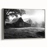 Framed canvas wall art showcasing a serene landscape with a rustic barn, featuring a silver frame and vibrant colors, perfect for home décor.
